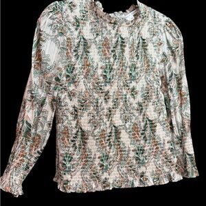 Veronica Beard Floral Smocked Blouse - Green and Brown